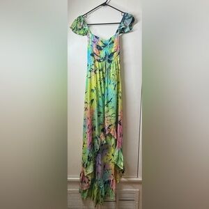Tiare Hawaii Tie Dye High Low Maxi Ruffle Sleeveless Green Yellow Blue Dress OS